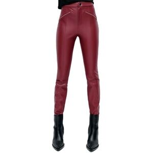 Zara Burgundy Faux Leather High-Waist Moto Zip Leggings – Size Small